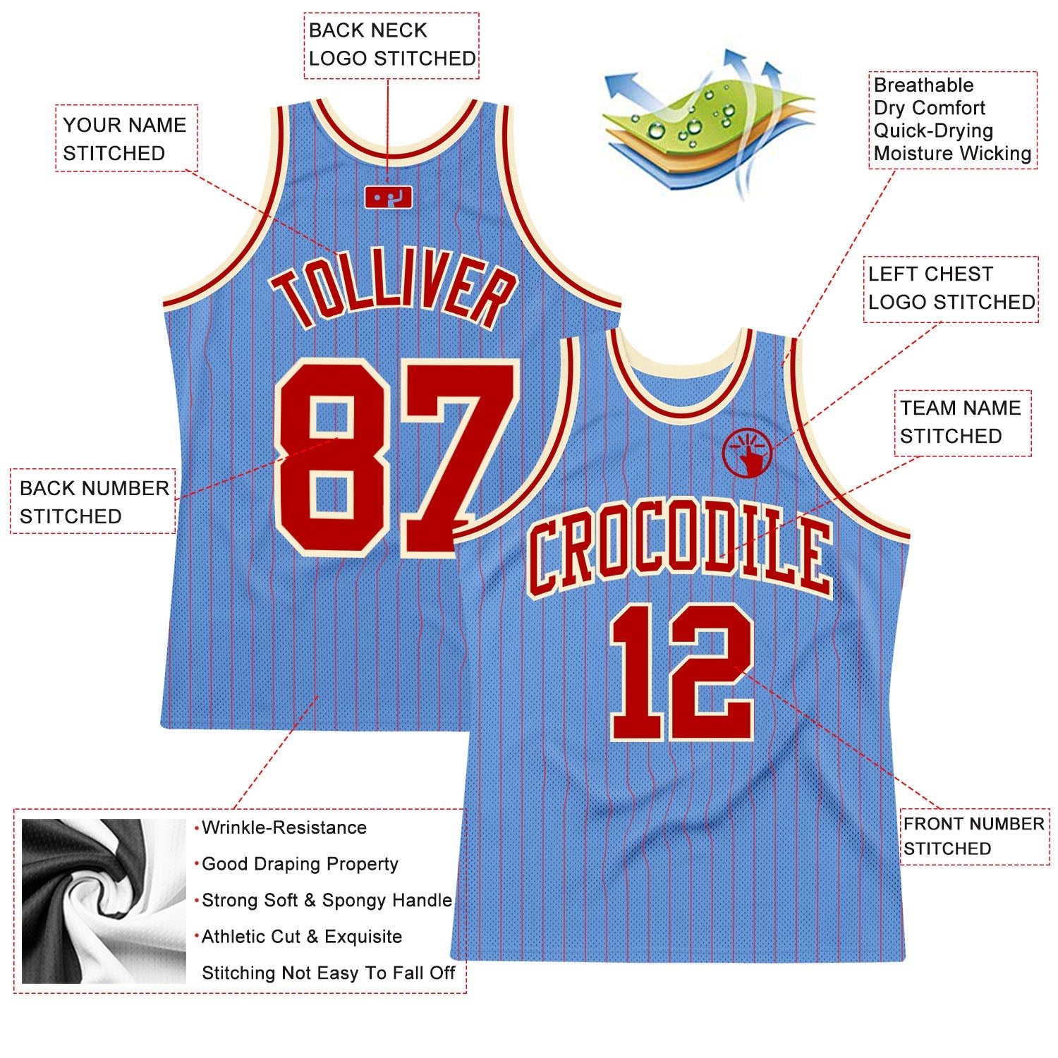 Custom Light Blue Red Pinstripe Red-Cream Authentic Basketball Jersey - Sky-Custom