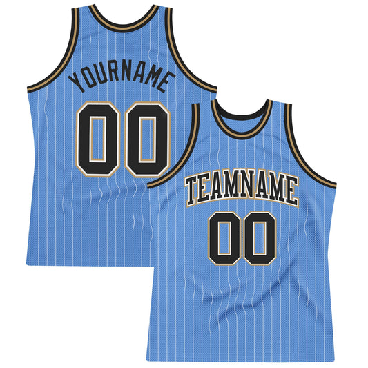 Custom Light Blue White Pinstripe Black-Old Gold Authentic Basketball Jersey - Sky-Custom