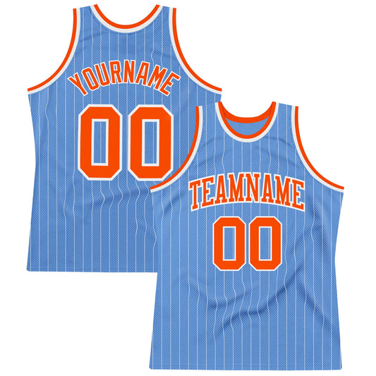 Custom Light Blue White Pinstripe Orange Authentic Basketball Jersey - Sky-Custom