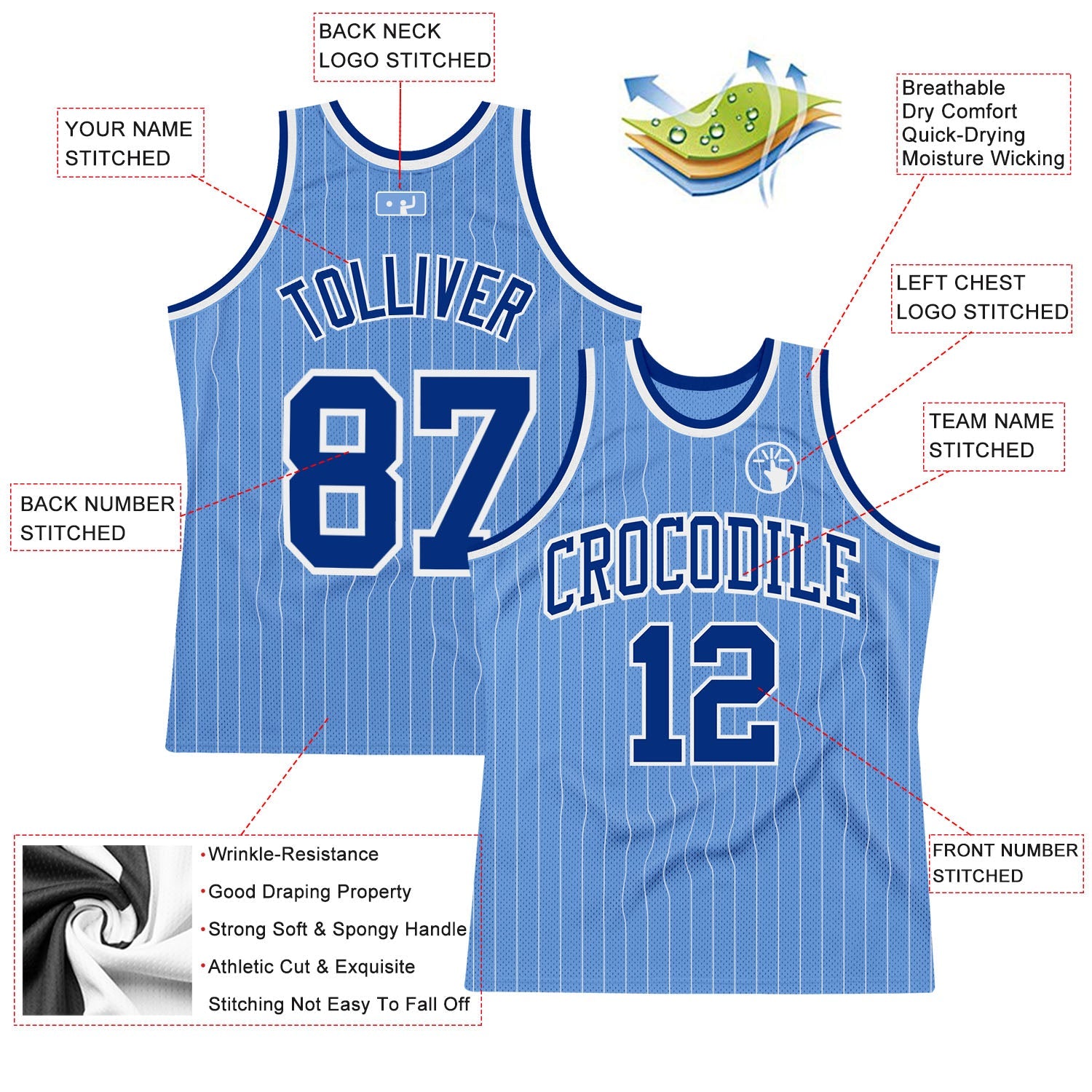 Custom Light Blue White Pinstripe Royal Authentic Basketball Jersey - Sky-Custom