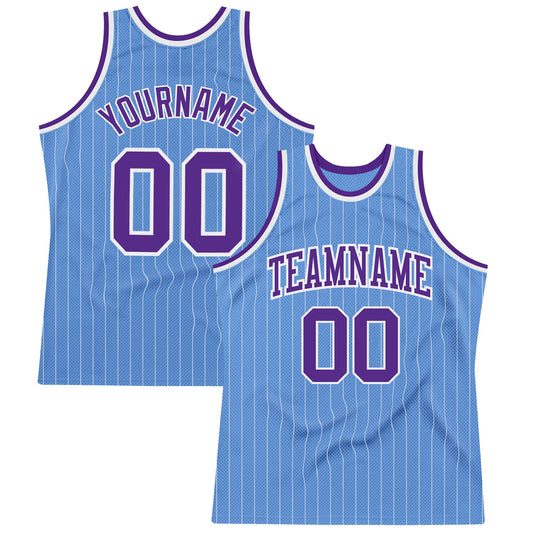Custom Light Blue White Pinstripe Purple Authentic Basketball Jersey - Sky-Custom