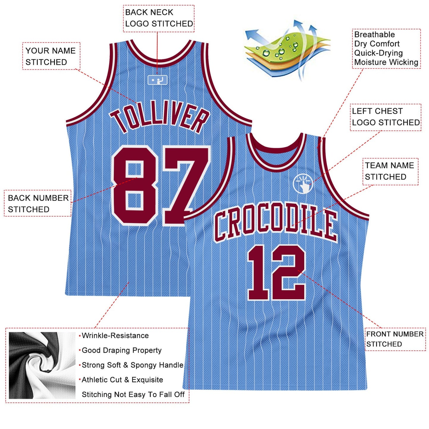 Custom Light Blue White Pinstripe Maroon Authentic Basketball Jersey - Sky-Custom