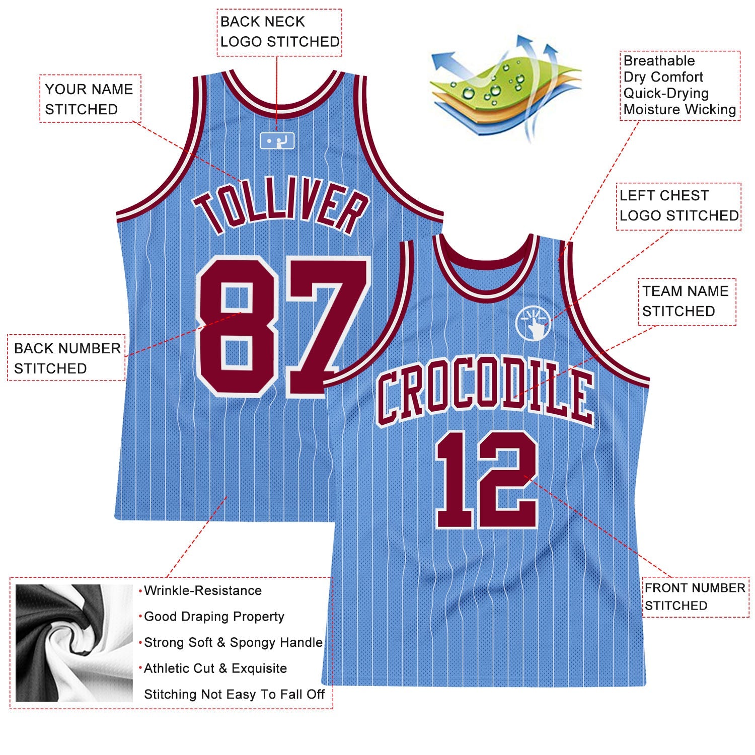 Custom Light Blue White Pinstripe Maroon Authentic Basketball Jersey - Sky-Custom