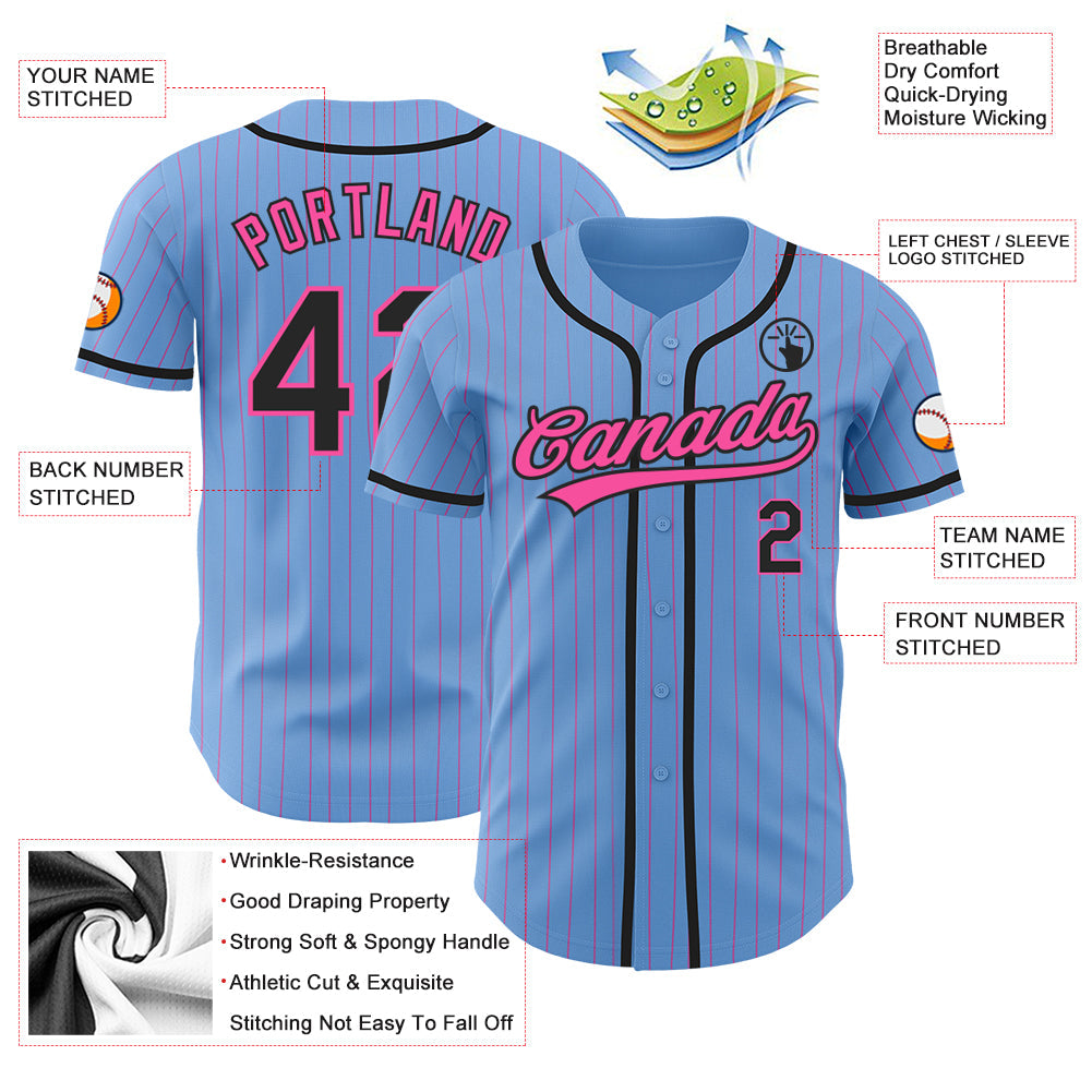 Custom Light Blue Pink Pinstripe Black Authentic Baseball Jersey - Sky-Custom