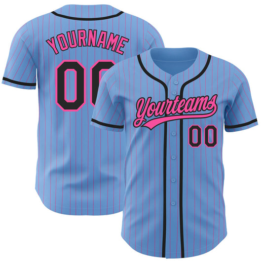 Custom Light Blue Pink Pinstripe Black Authentic Baseball Jersey - Sky-Custom
