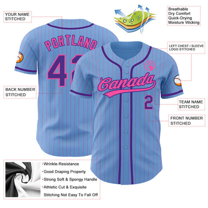 Custom Light Blue Pink Pinstripe Purple Authentic Baseball Jersey - Sky-Custom