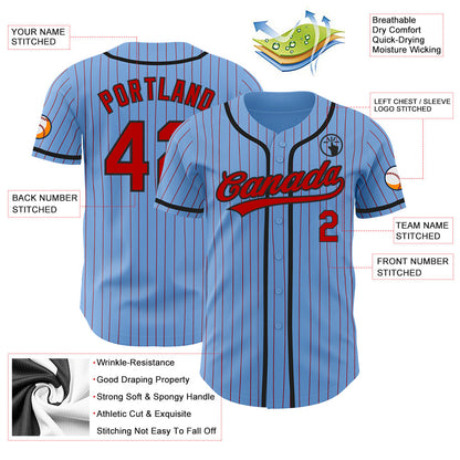 Custom Light Blue Red Pinstripe Black Authentic Baseball Jersey - Sky-Custom