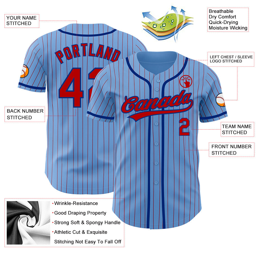 Custom Light Blue Red Pinstripe Royal Authentic Baseball Jersey - Sky-Custom