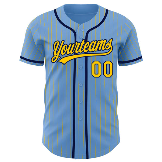 Custom Light Blue Yellow Pinstripe Navy Authentic Baseball Jersey - Sky-Custom