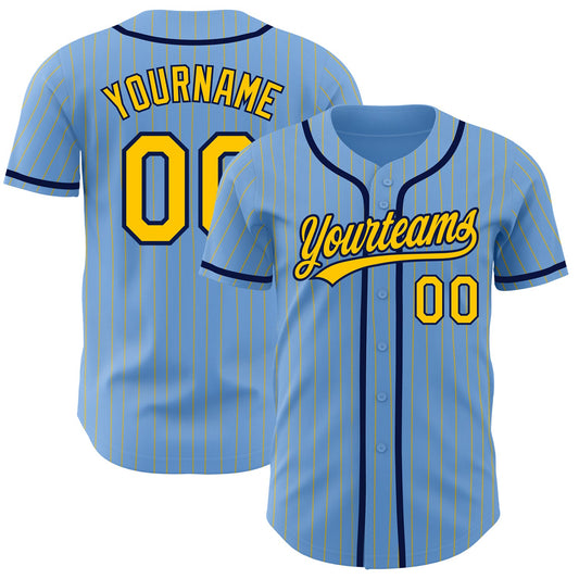Custom Light Blue Yellow Pinstripe Navy Authentic Baseball Jersey - Sky-Custom