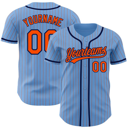 Custom Light Blue Orange Pinstripe Navy Authentic Baseball Jersey - Sky-Custom
