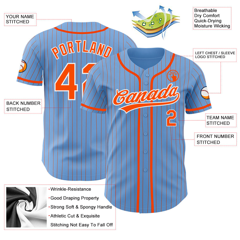 Custom Light Blue Orange Pinstripe White Authentic Baseball Jersey - Sky-Custom