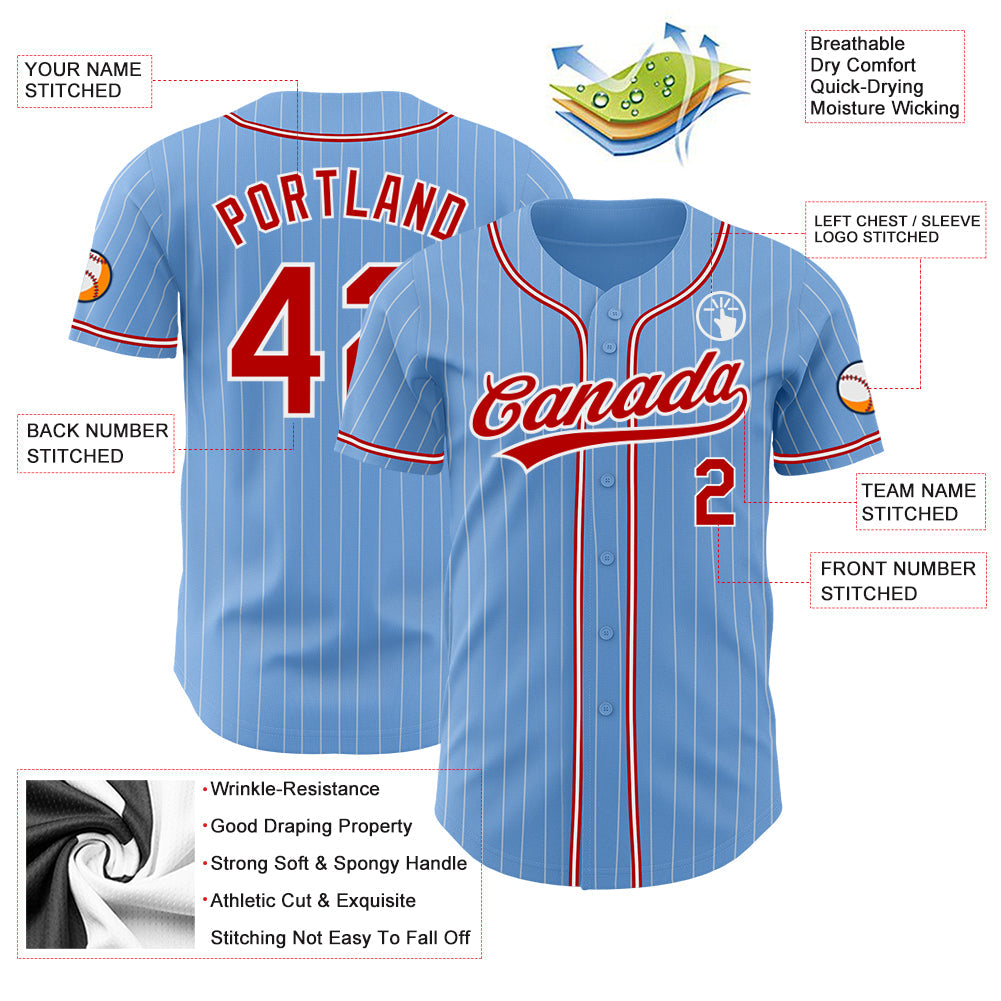 Custom Light Blue White Pinstripe Red Authentic Baseball Jersey - Sky-Custom