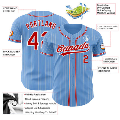 Custom Light Blue White Pinstripe Red Authentic Baseball Jersey - Sky-Custom
