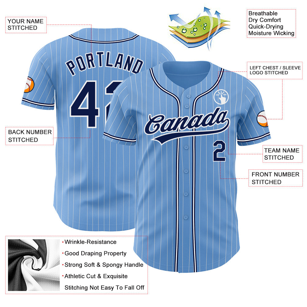 Custom Light Blue White Pinstripe Navy Authentic Baseball Jersey - Sky-Custom