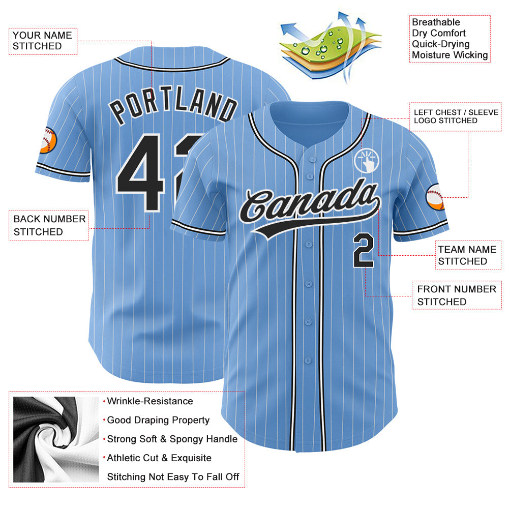 Custom Light Blue White Pinstripe Black Authentic Baseball Jersey - Sky-Custom