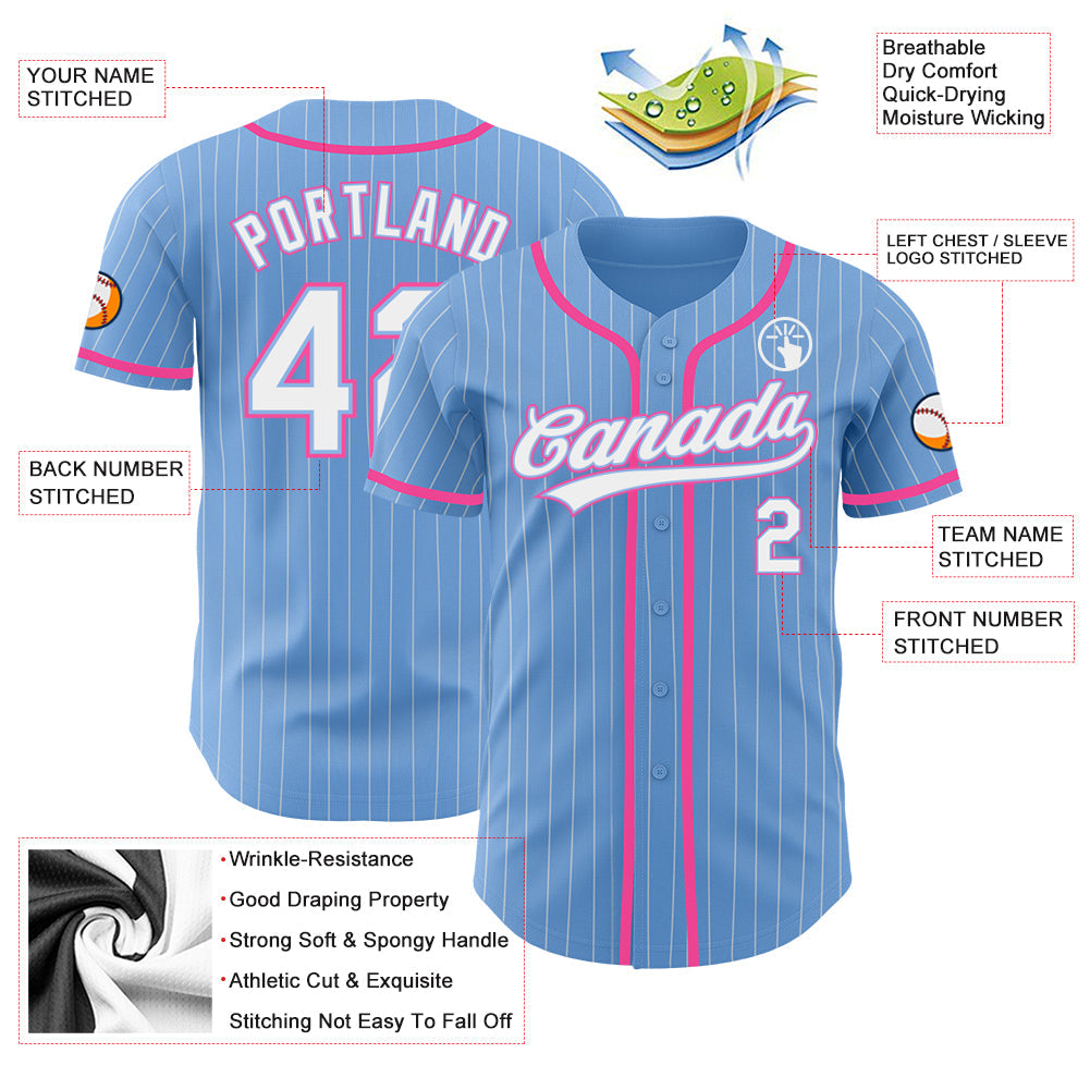 Custom Light Blue White Pinstripe Pink Authentic Baseball Jersey - Sky-Custom