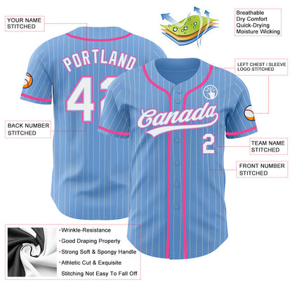 Custom Light Blue White Pinstripe Pink Authentic Baseball Jersey - Sky-Custom