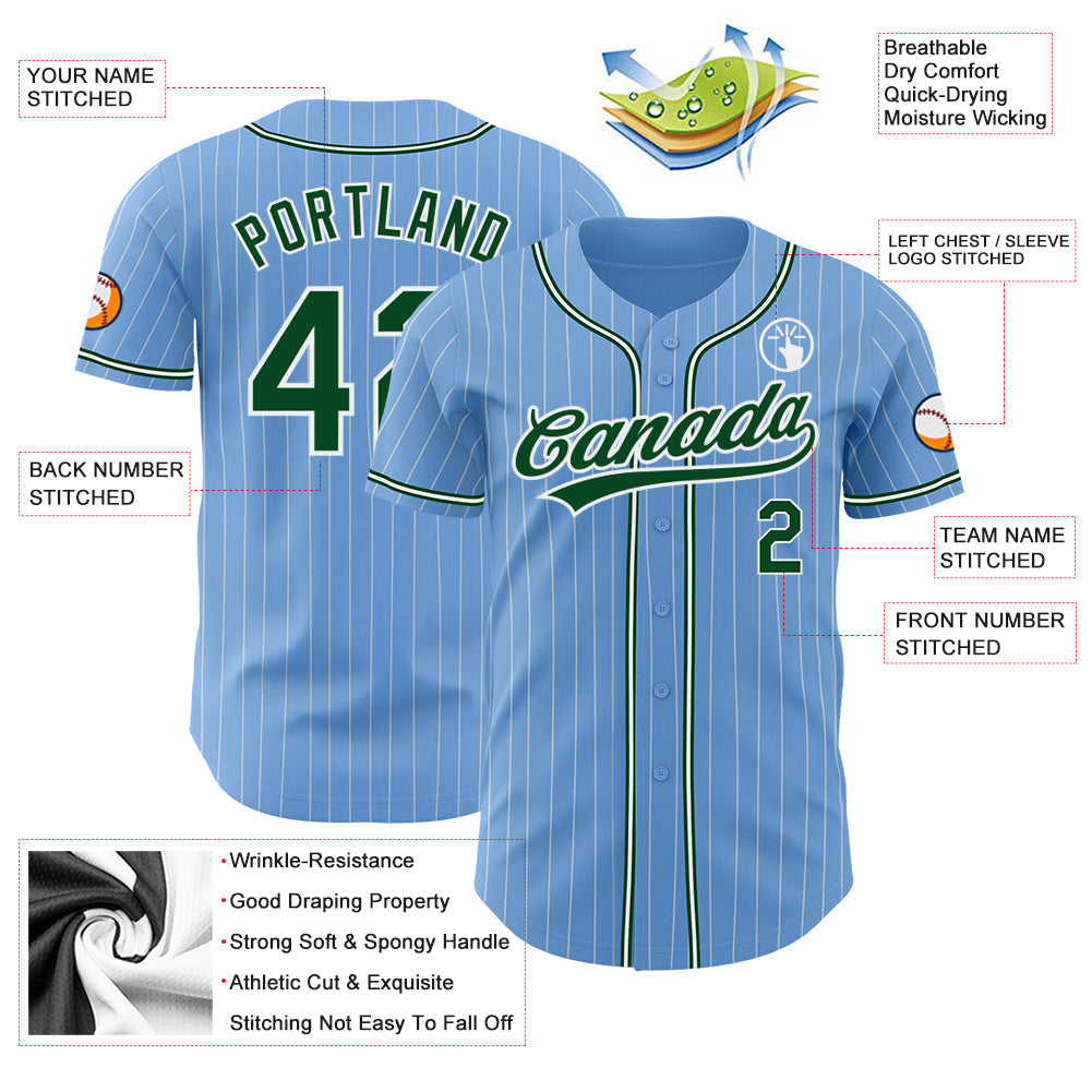 Custom Light Blue White Pinstripe Green Authentic Baseball Jersey - Sky-Custom