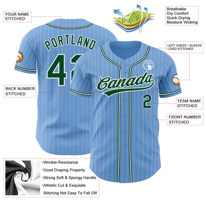 Custom Light Blue White Pinstripe Green Authentic Baseball Jersey - Sky-Custom