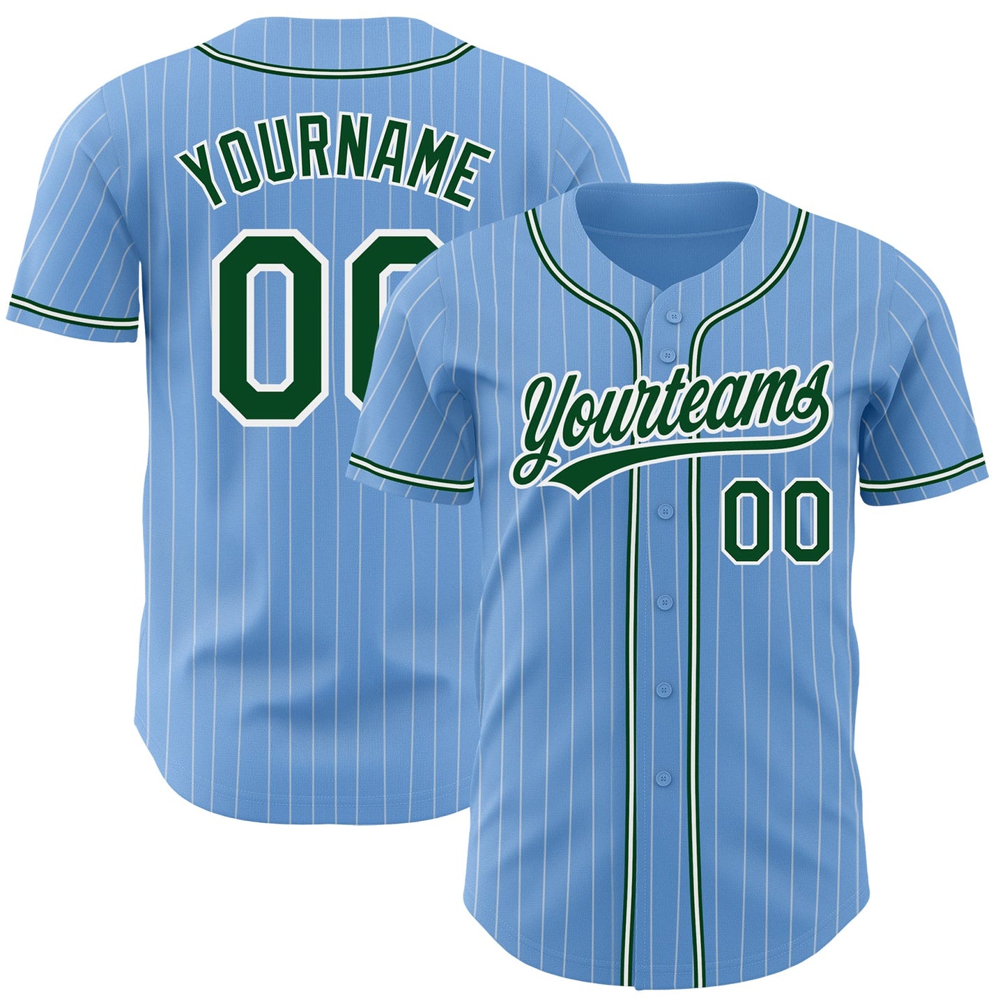 Custom Light Blue White Pinstripe Green Authentic Baseball Jersey - Sky-Custom