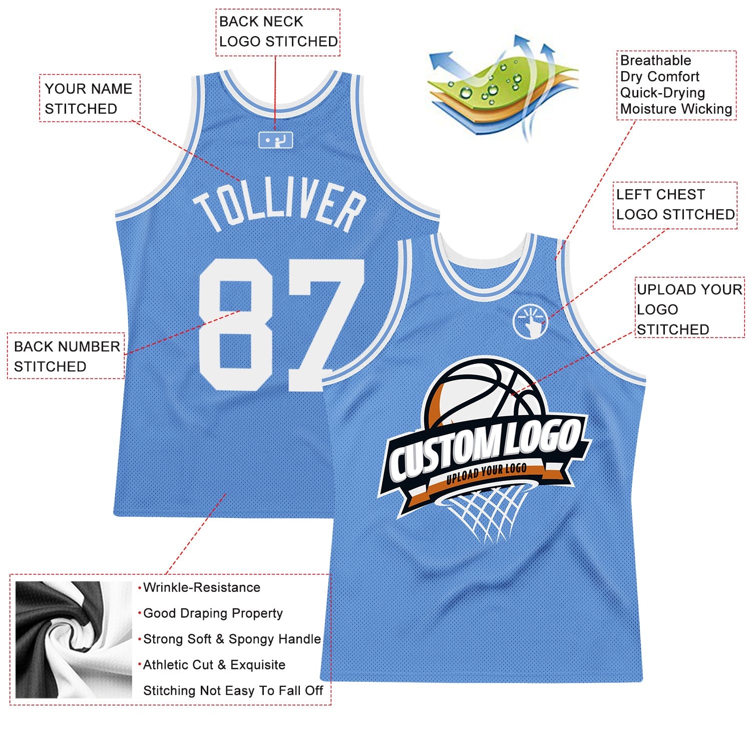 Custom Light Blue White Authentic Throwback Basketball Jersey - Sky-Custom