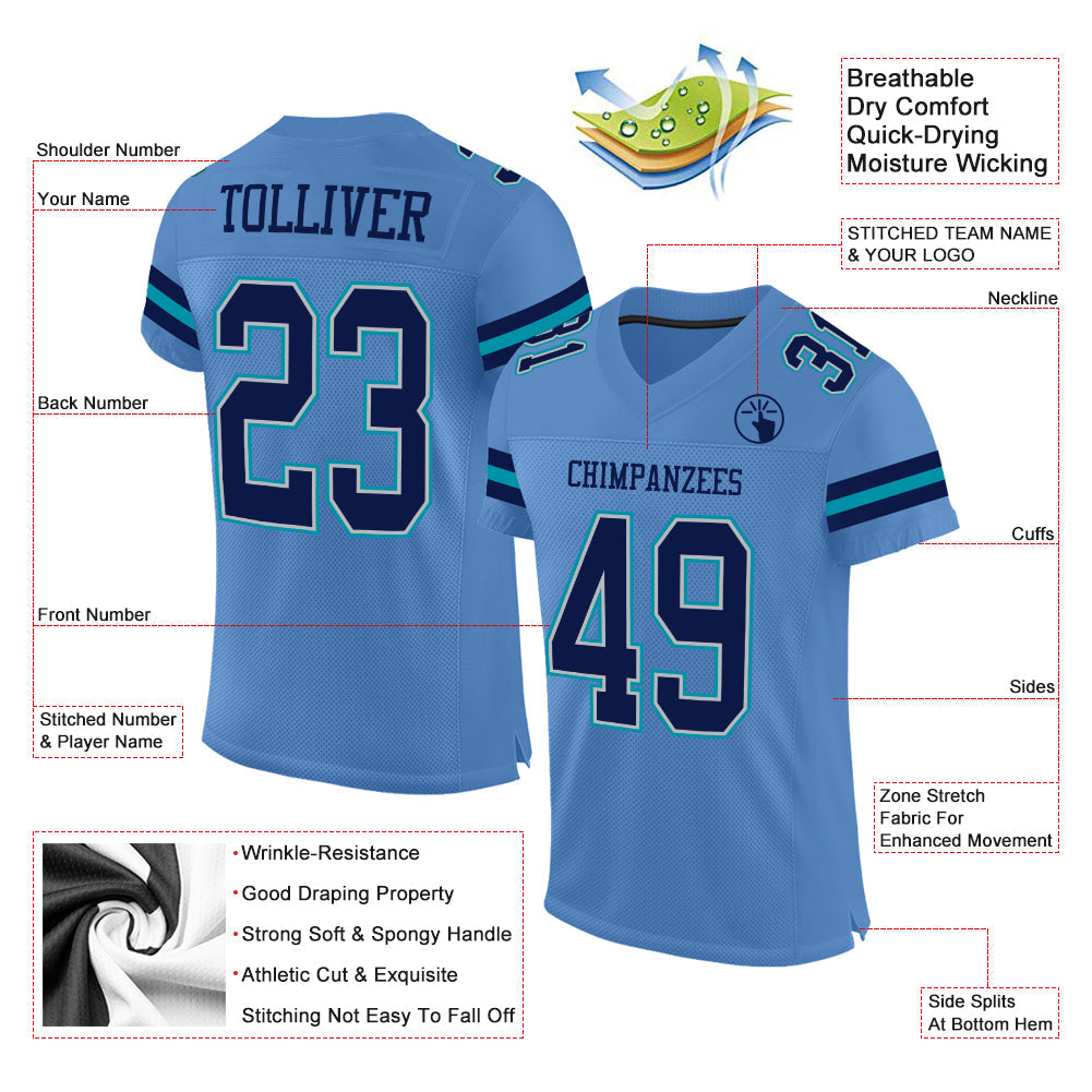 Custom Light Blue Navy Gray-Teal Mesh Authentic Football Jersey - Sky-Custom