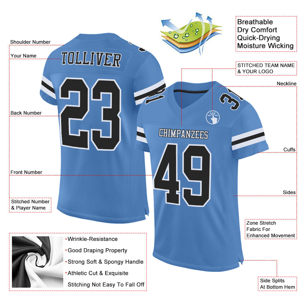 Custom Light Blue Black-White Mesh Authentic Football Jersey - Sky-Custom