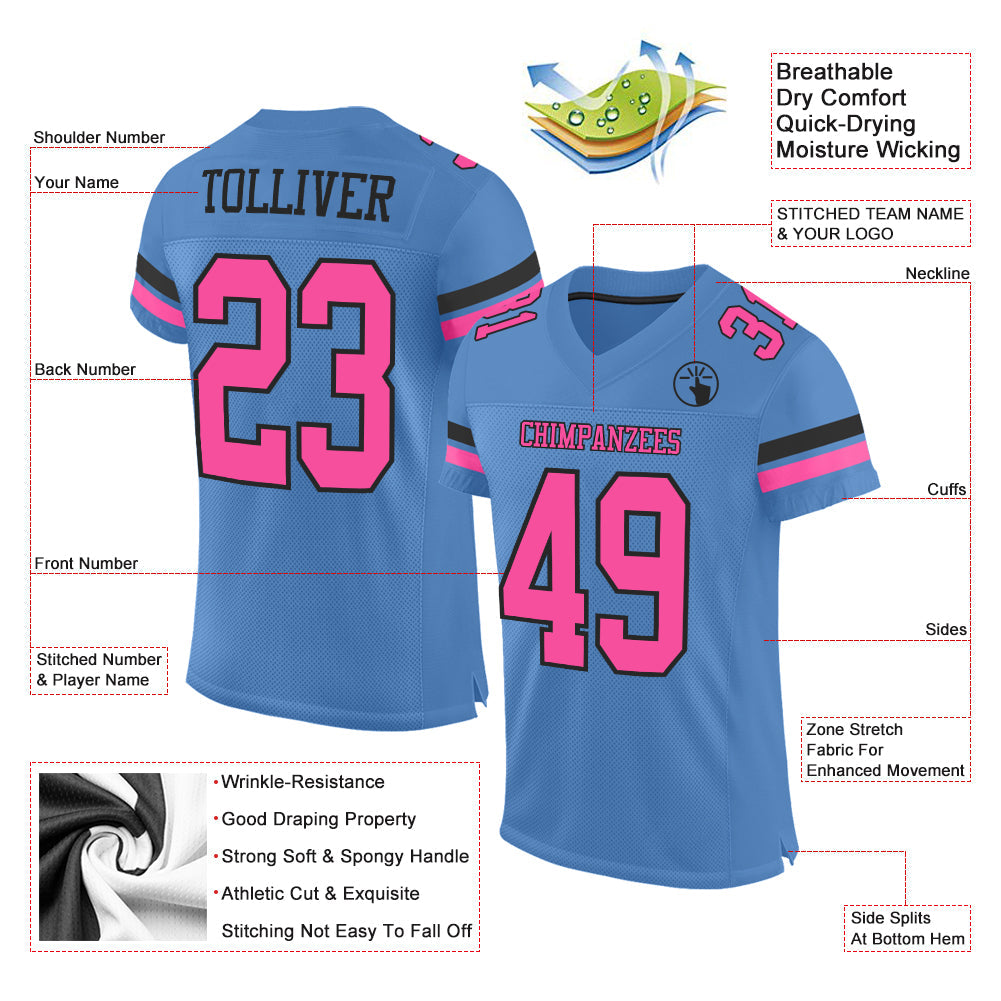 Custom Light Blue Pink-Black Mesh Authentic Football Jersey - Sky-Custom