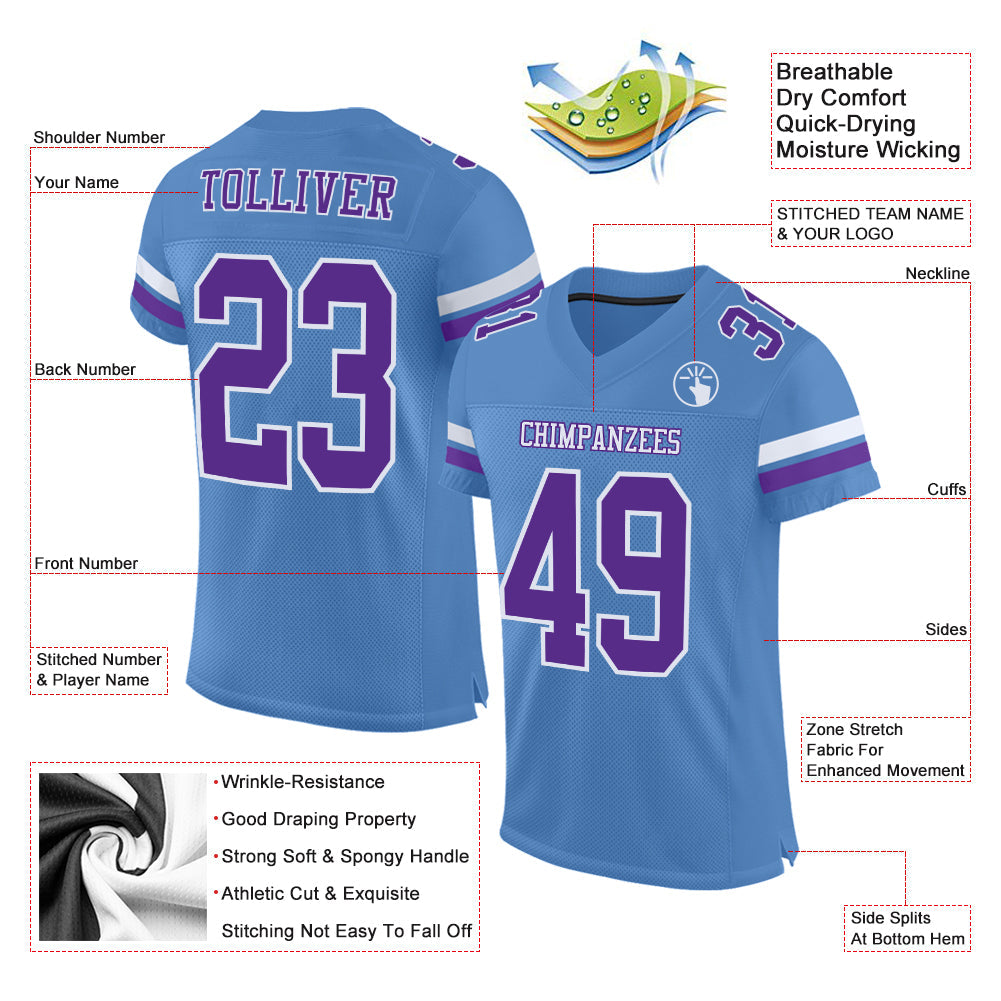 Custom Light Blue Purple-White Mesh Authentic Football Jersey - Sky-Custom
