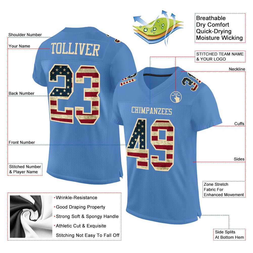 Custom Light Blue Vintage USA Flag-City Cream Mesh Authentic Football Jersey - Sky-Custom