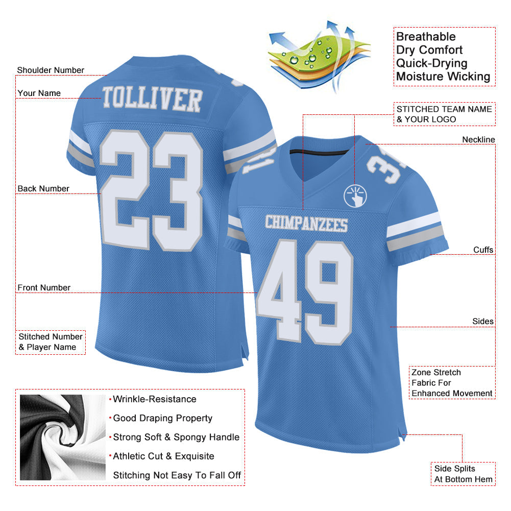 Custom Light Blue White-Gray Mesh Authentic Football Jersey - Sky-Custom