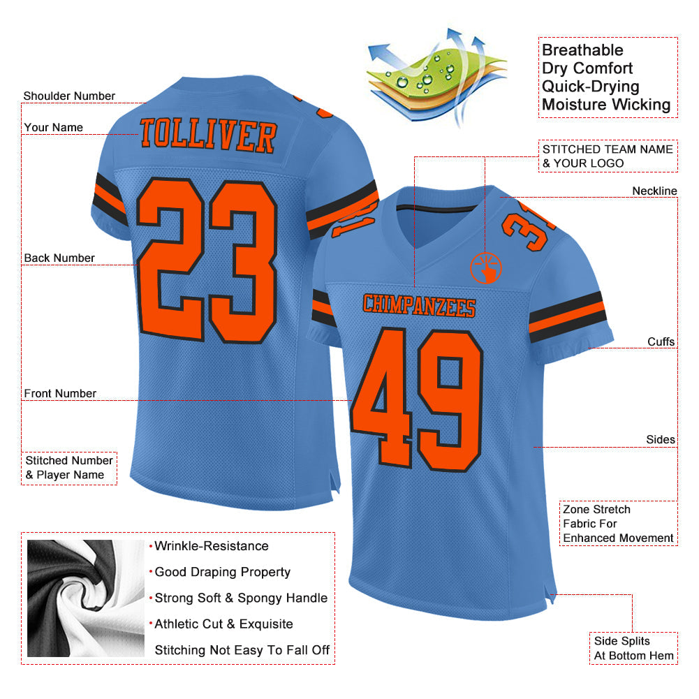 Custom Light Blue Orange-Black Mesh Authentic Football Jersey - Sky-Custom