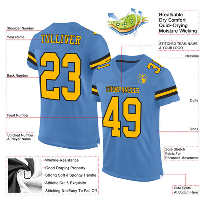 Custom Light Blue Gold-Black Mesh Authentic Football Jersey - Sky-Custom