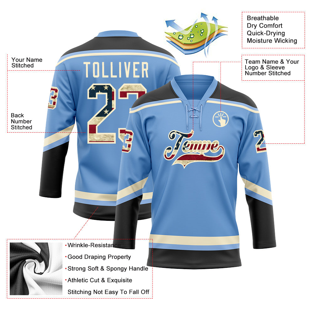 Custom Light Blue Vintage USA Flag Black-Cream Hockey Lace Neck Jersey - Sky-Custom