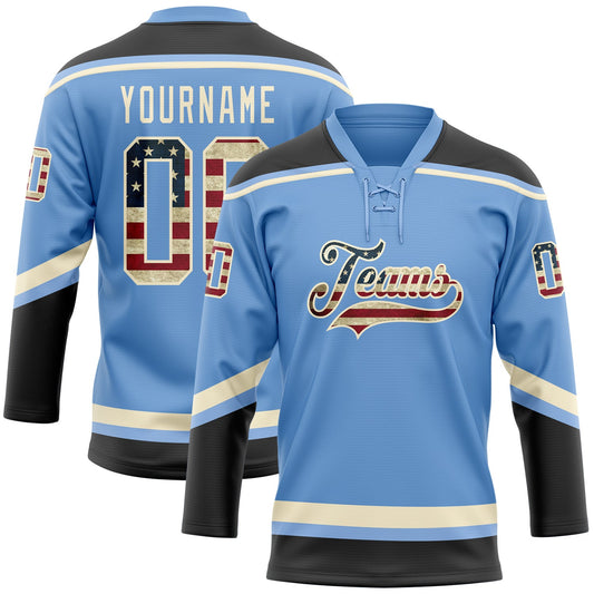 Custom Light Blue Vintage USA Flag Black-Cream Hockey Lace Neck Jersey - Sky-Custom