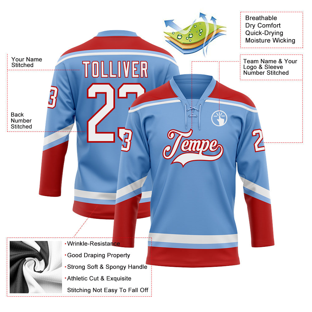 Custom Light Blue White-Red Hockey Lace Neck Jersey - Sky-Custom