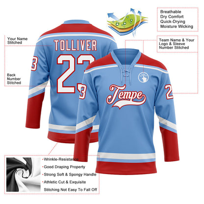 Custom Light Blue White-Red Hockey Lace Neck Jersey - Sky-Custom
