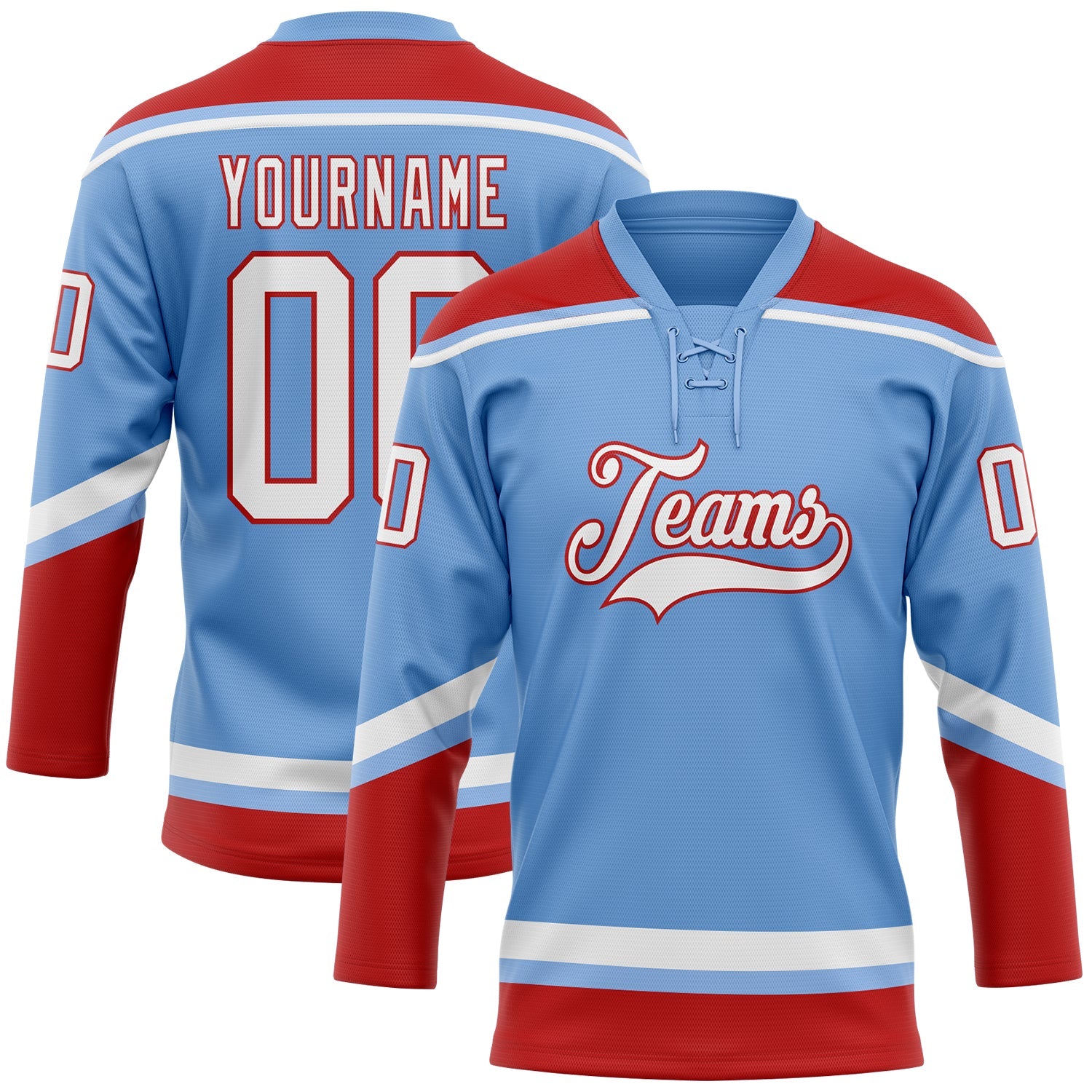 Custom Light Blue White-Red Hockey Lace Neck Jersey - Sky-Custom