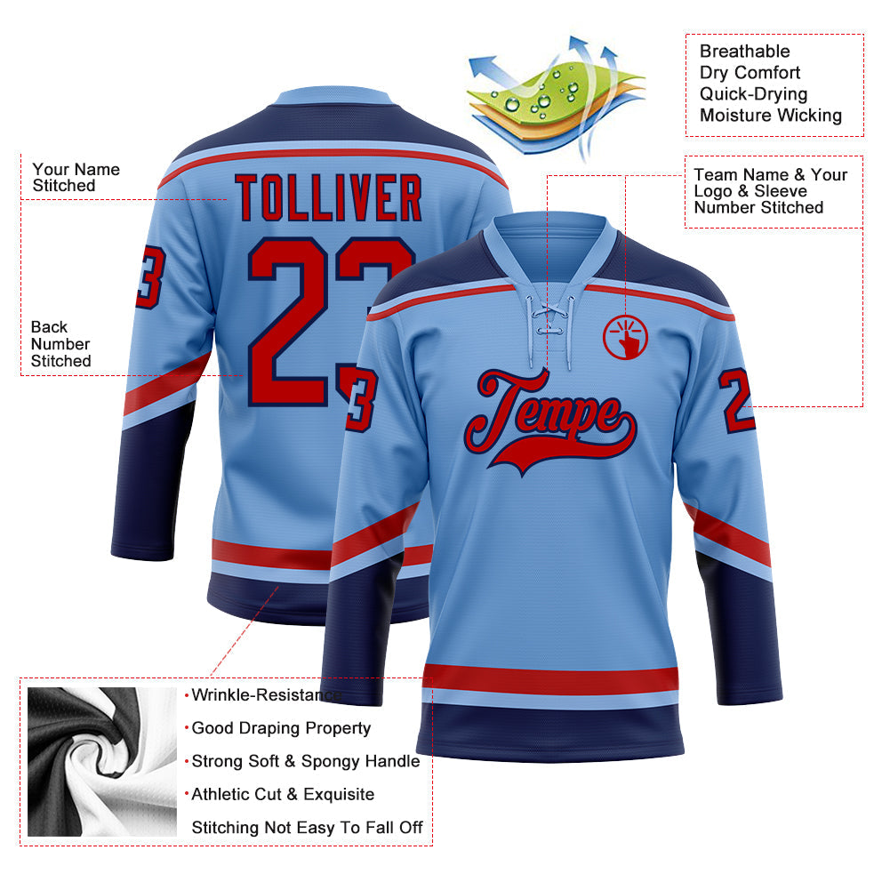 Custom Light Blue Red-Navy Hockey Lace Neck Jersey - Sky-Custom