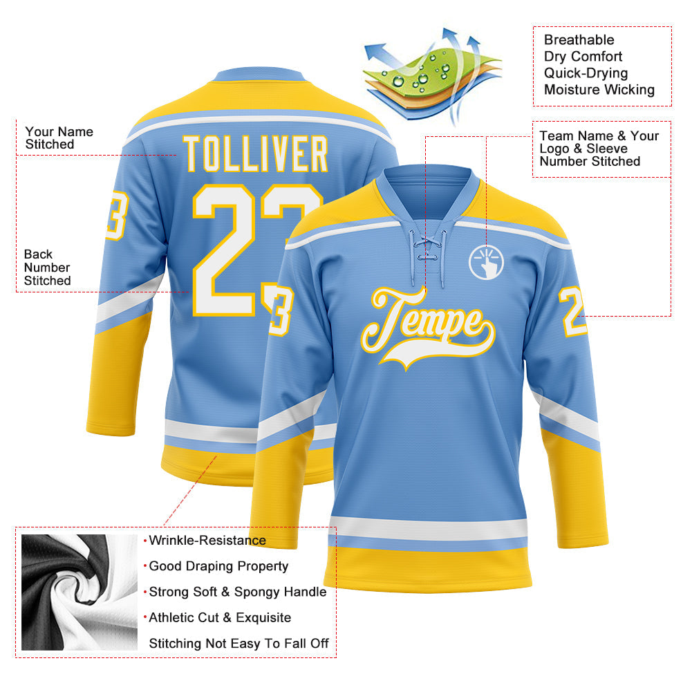 Custom Light Blue White-Yellow Hockey Lace Neck Jersey - Sky-Custom