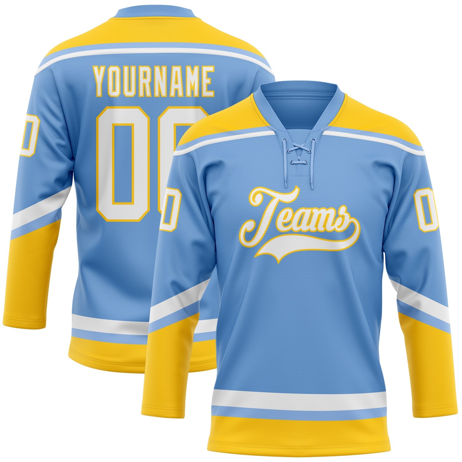 Custom Light Blue White-Yellow Hockey Lace Neck Jersey - Sky-Custom