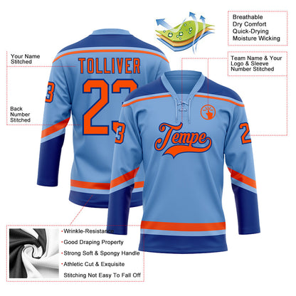 Custom Light Blue Orange-Royal Hockey Lace Neck Jersey - Sky-Custom