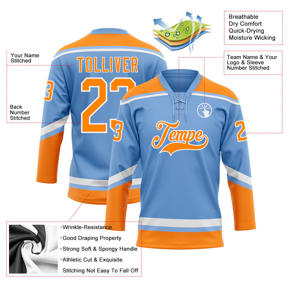 Custom Light Blue Bay Orange-White Hockey Lace Neck Jersey - Sky-Custom