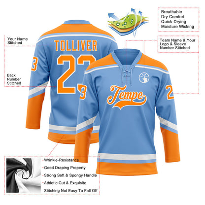Custom Light Blue Bay Orange-White Hockey Lace Neck Jersey - Sky-Custom