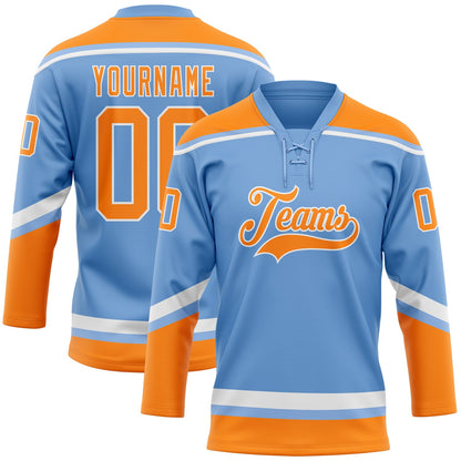 Custom Light Blue Bay Orange-White Hockey Lace Neck Jersey - Sky-Custom