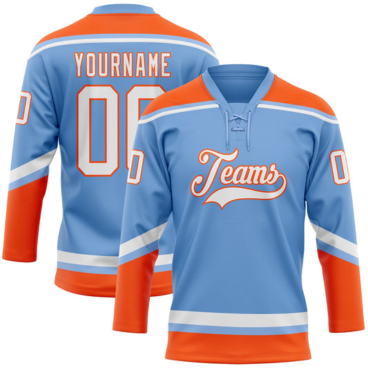 Custom Light Blue White-Orange Hockey Lace Neck Jersey - Sky-Custom