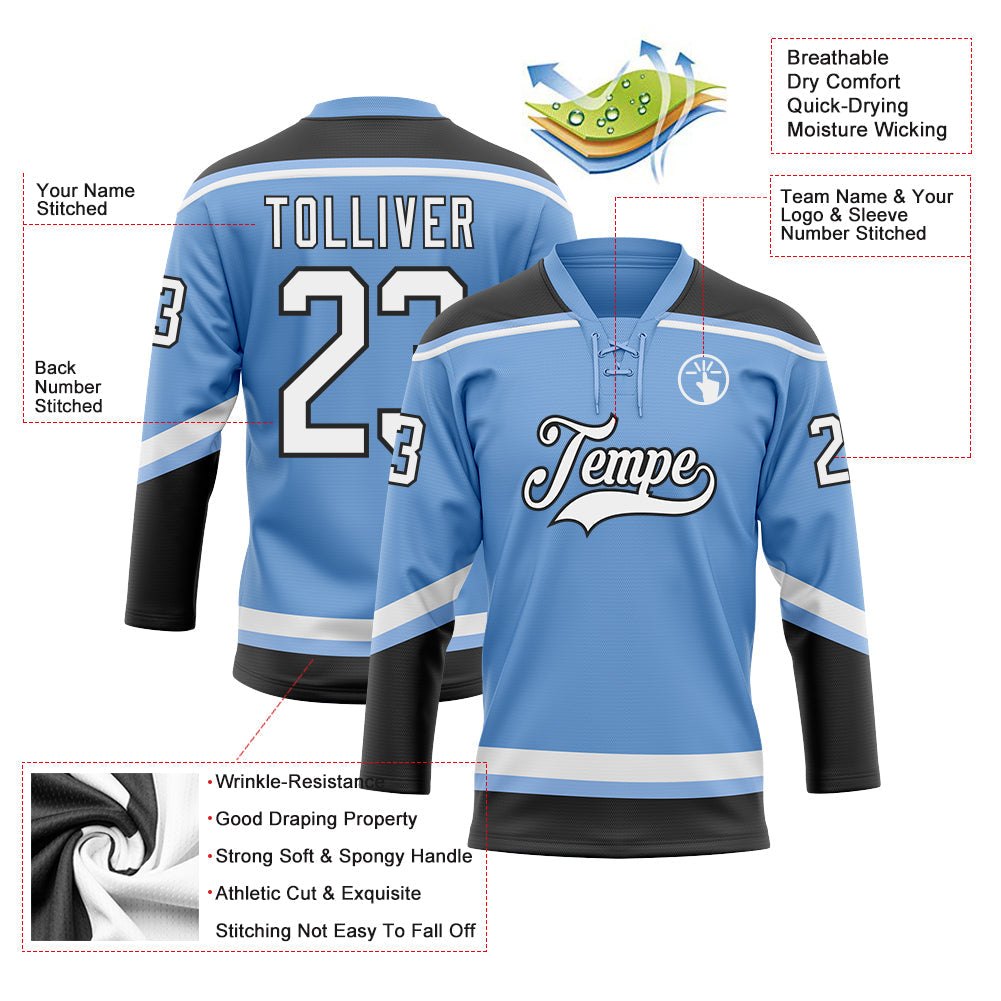 Custom Light Blue White-Black Hockey Lace Neck Jersey - Sky-Custom