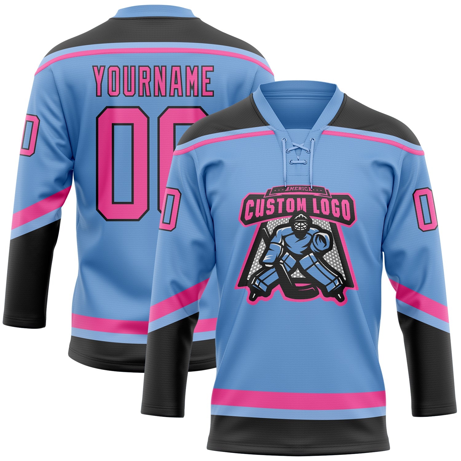 Custom Light Blue Pink-Black Hockey Lace Neck Jersey - Sky-Custom