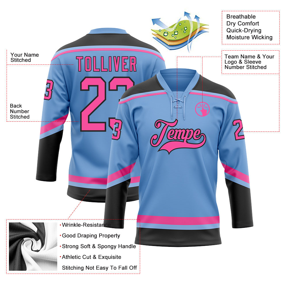 Custom Light Blue Pink-Black Hockey Lace Neck Jersey - Sky-Custom